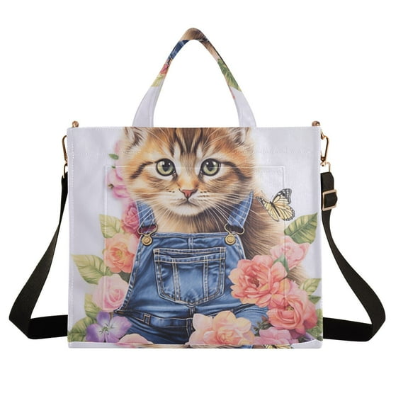 Cat Strap Flowers Floral Corduroy Tote Bag Handbag Large Messenger Bag Shoulder Crossbody Zipper Bag Purse