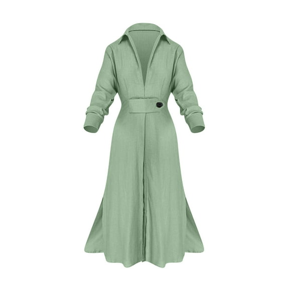 BangWanChi Women'S Casual Dresses Formal Dresses for Women Dresses for Women Women's High Waisted Button Flip Collar V-neck Solid Color Waistband Long Sleeved Irregular Shirt Dress