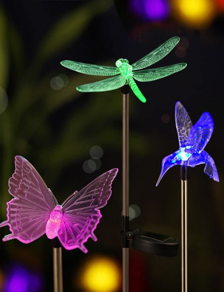Set of 3 LED Color Changing Solar Stake Lights Outdoor - Garden ...