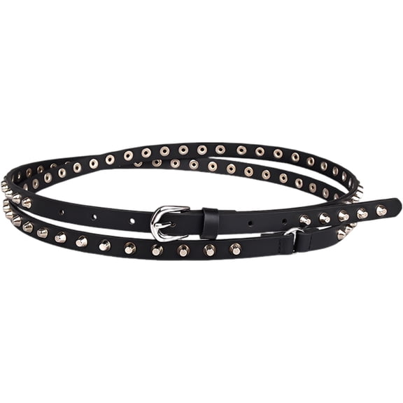 Women's Double Wrap Studded Belt, 66.1 in / 168 cm Long, Punk Waist Belt, Fashionable Skinny Belt, Classic Black Leather Belt