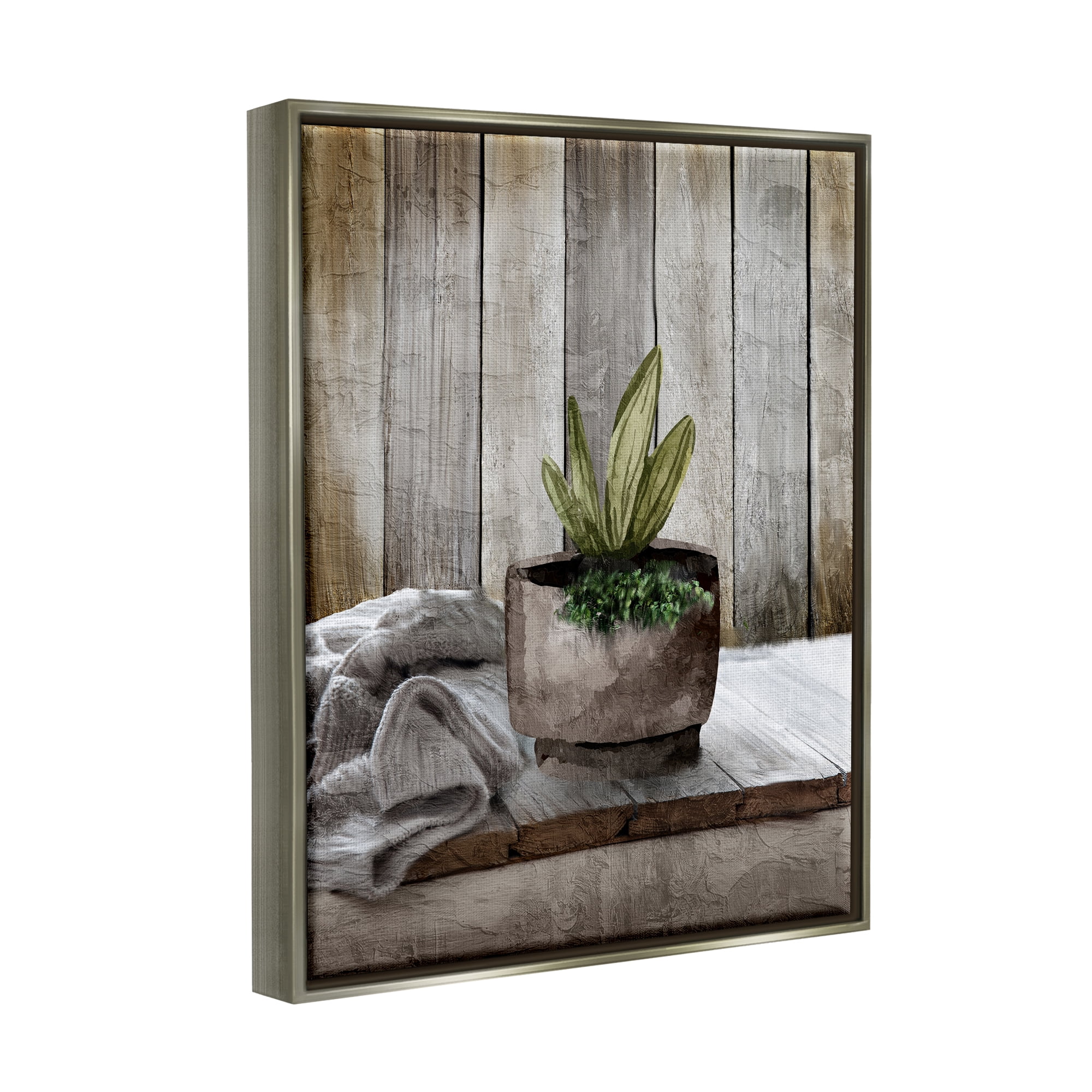 Stupell Industries Potted Plant Still Life Botanical & Floral Painting Gray Floater Framed Canvas Art Print Wall Art, 25 x 31
