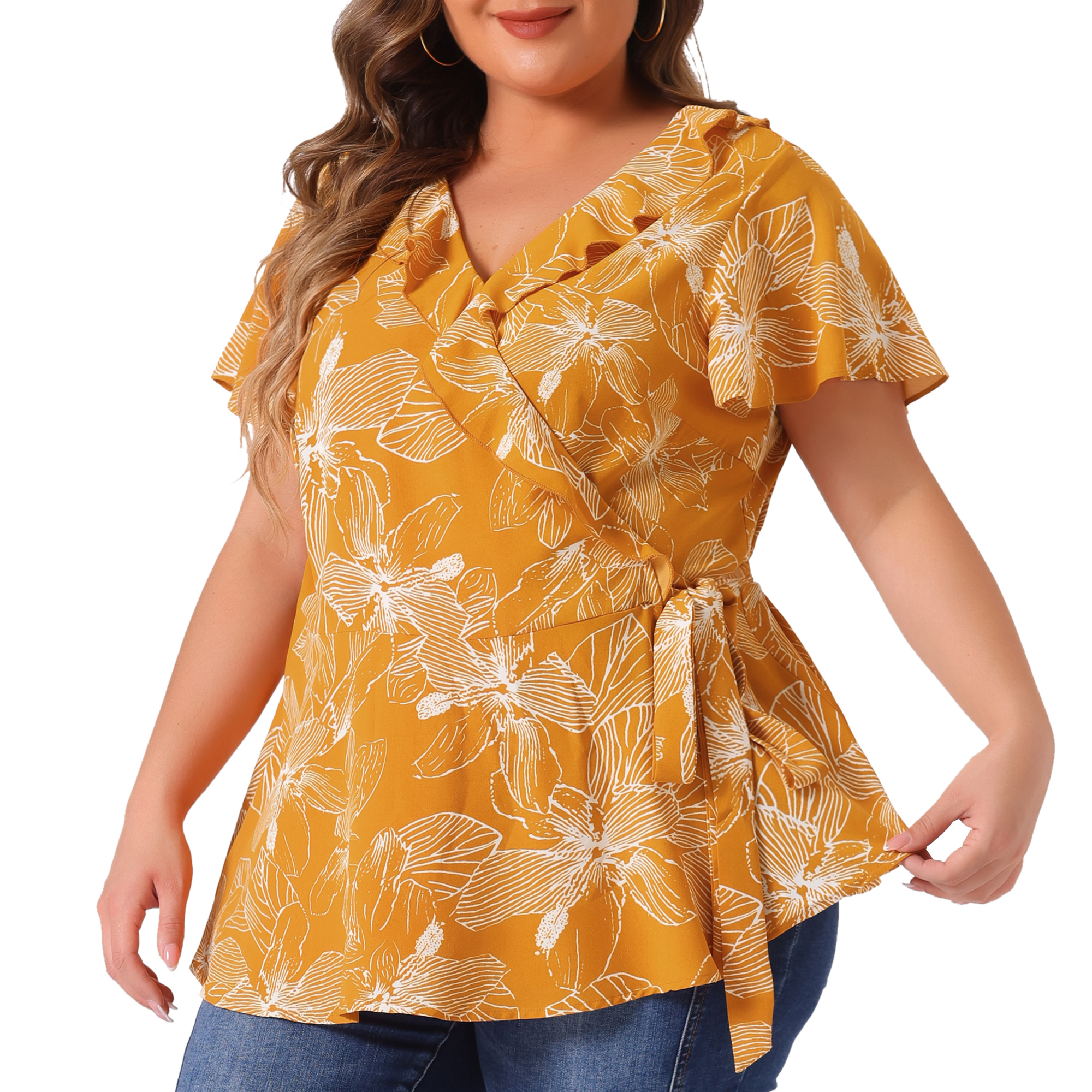 DARING DIVA Women's Plus Wrap V Neck Tie Waist Ruffle Sleeve Blouse 2X Yellow