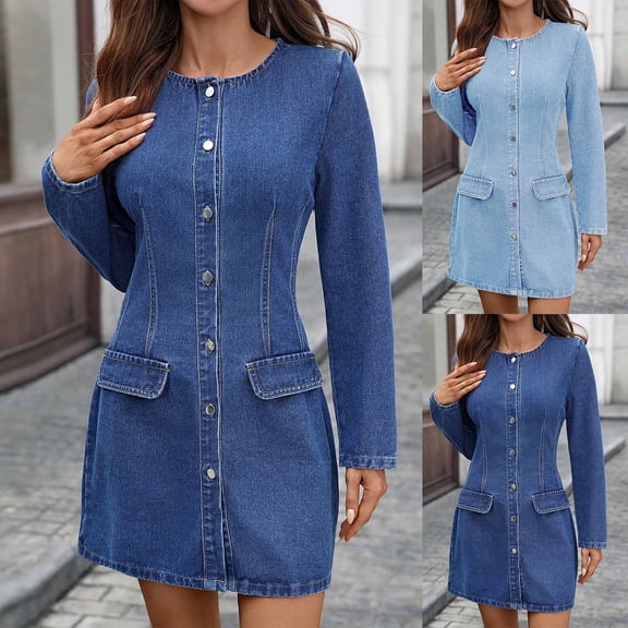 Miluxas Women's Denim Short Dress Button Down Round Neck Mini Dress Casual Long Sleeve Tunic Jean Dress Light Blue