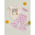 thumbnail image 4 of Baby Toddler Girl Halloween Outfits 0 3 6 12 18 Months Letter Print Long Sleeve Romper with Pumpkin/Ghost Pattern Flare Pants and Headband, 4 of 9