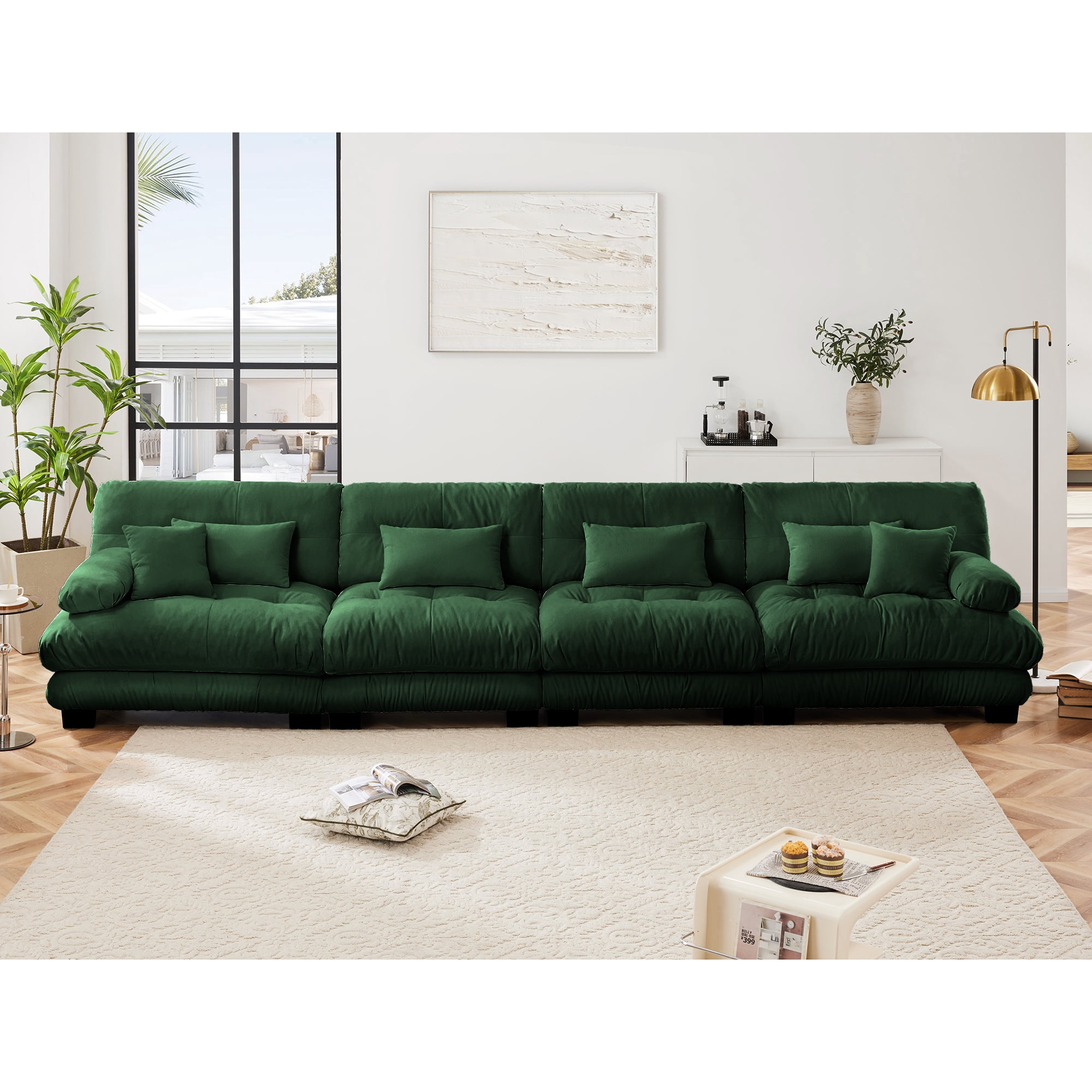 Gewnee 4-Seater 173.2" Oversized Modular Sectional Sofa, Deep Seat Chenille Cloud Sofa with Lumbar Pillows & Throw Pillows, Upholstered Living Room Couch, Green
