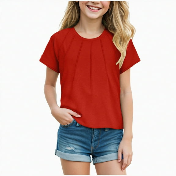 HCNTES Girls T Shirts Kids Summer Short Sleeve Fashion Tops Tees 5 14 Years(7-8 Years,Red)
