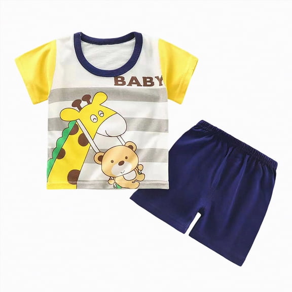 Hessimy Toddler Boy Summer Outfits Cartoon Print Short Sleeves T-Shirt Shorts Set Infant Clothes Set, Infant Set(Navy,18-24 Months)