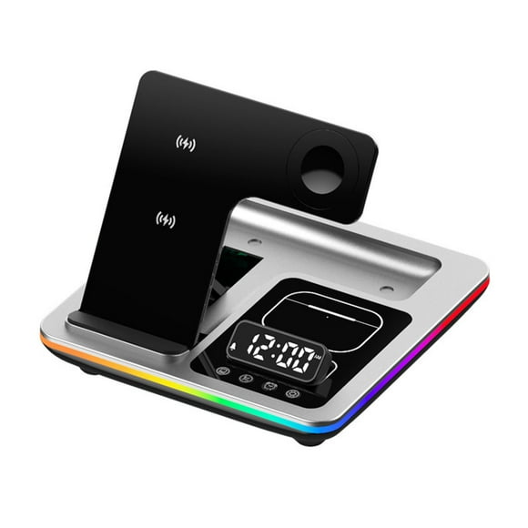 Chargeur de Téléphone Portable, Chargeur Sans Fil Pliable 3-en-1 Chargeur Sans Fil Affichage Numérique Horloge Réveil Lumière RVB pour Téléphone Mobile Charge Rapide 15W pour Montre Écouteurs