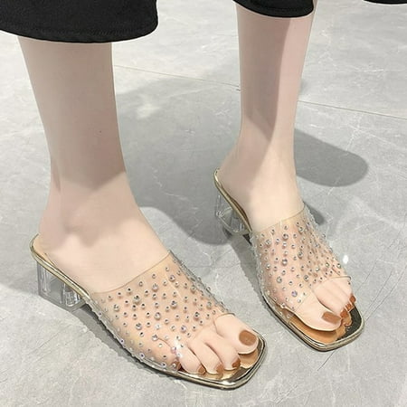 

Women s Fashion Casual Transparent Crystal Square Heels Outdoor Slippers Shoes