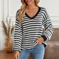 thumbnail image 2 of Jersey para mujer jersey cálido suéter clásico a rayas simples traje de vacaciones con cuello en V, 2 of 8