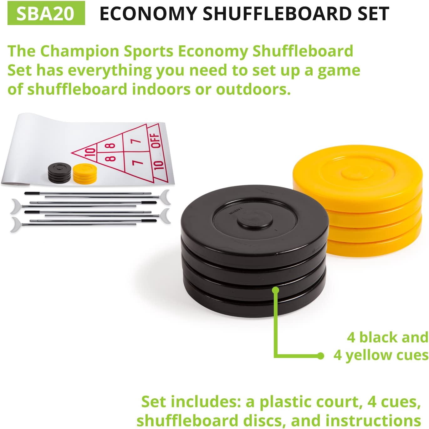 Champion Sports Economy Shuffleboard Set: Indoor Outdoor Game - 8 Pucks 4 Cue Sticks & Plastic Court, 30 x 180"