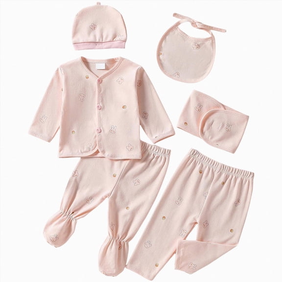 CAUYDY Baby Going Home Outfits for Girl Boy Newborn Pajamas Fall Preemie Layette Long Sleeved Shirt Warm Hat 2Pants Bib 5 Pieces Soft Set for Infant Sizes 0-3 Months,Pink