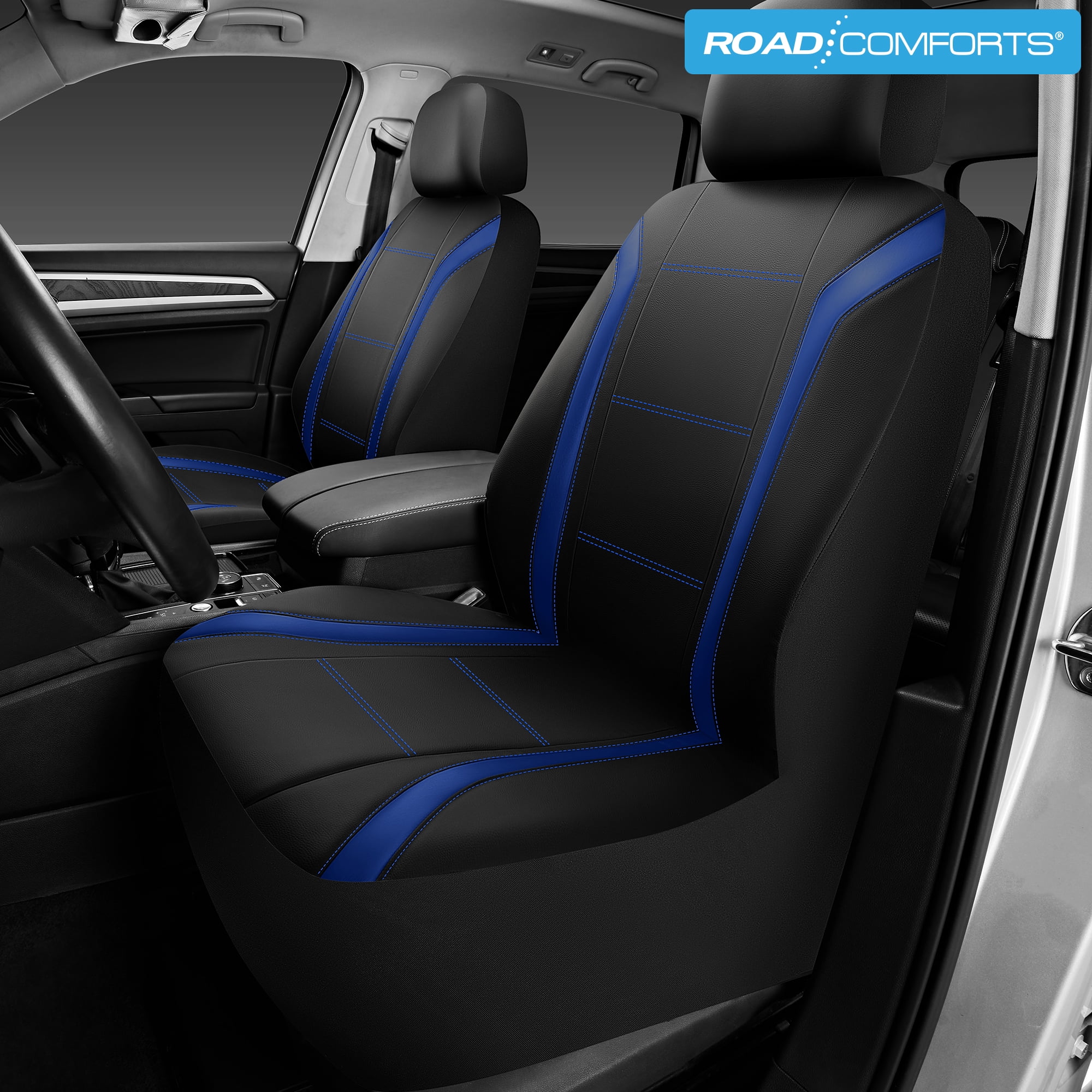 Road Comforts Leather Car Seat Cover,Sports Style Car Seat Cover,Breathable,Non-Slip,Universal Fit,Blue Front Seats