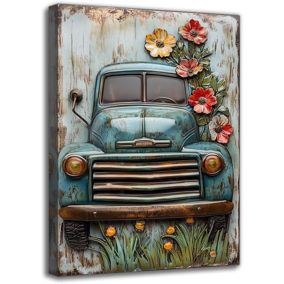 Retro Truck Flowers Painting, Framed Wall Art Canvas Print, Vintage Garage Wall Decor, Cafe Bar Club Living Room Seasonal Wall Decor (16W X 24L)