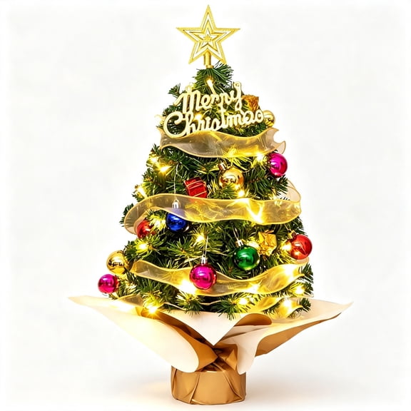 Mini Christmas Tree with LED String Lights and Ornaments, 18 Inch Tabletop Artificial Christmas Tree, Small Xmas Tree for Home Office Desk Indoor Holiday Decoration