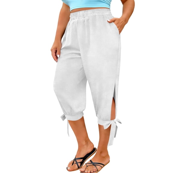 Capri Pants for Women Casual Summer Drawstring Capris Linen Pants Pockets Beach Vacation Elastic Waist Wide Leg Cropped Pant