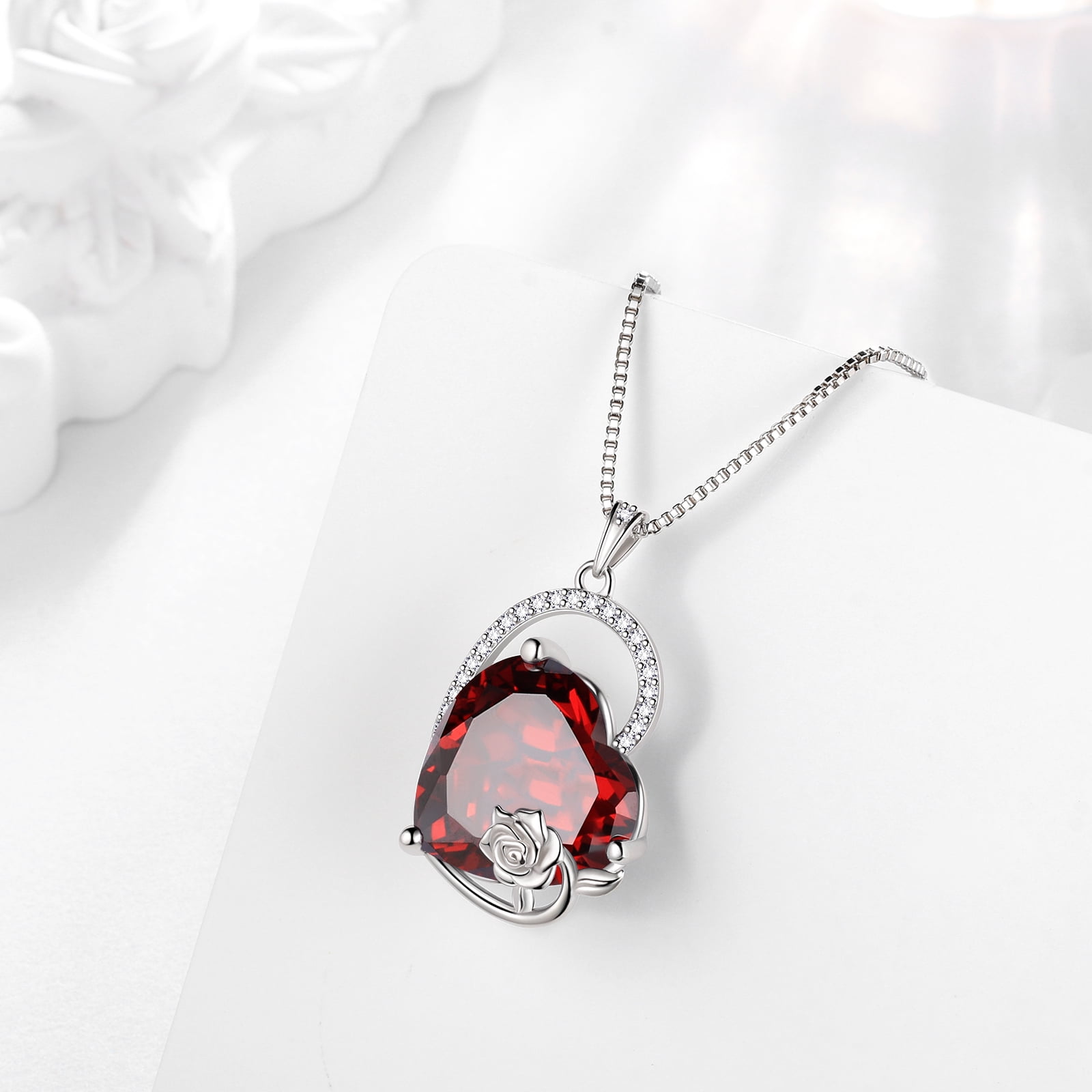 Juwaliy 925 Sterling Silver 15MM Heart Necklace Women January Birthstone Garnet Jewelry Red Rose Flower Pendant Mother Birthday Valentine's Day Xmas Gift
