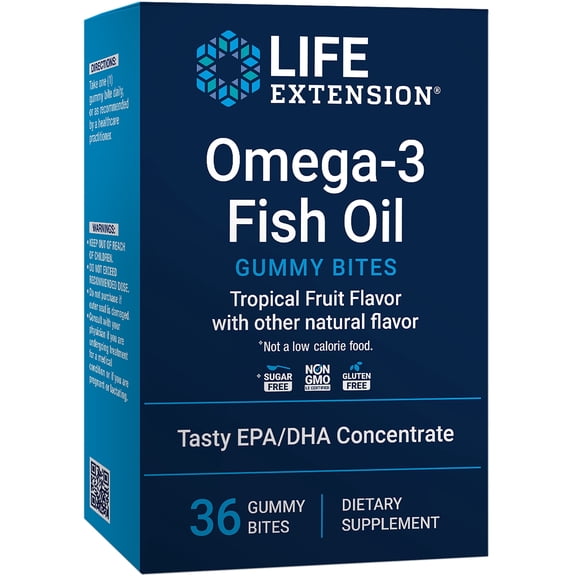 Life Extension Omega-3 Fish Oil Gummy Bites, EPA/DHA fatty acids, high-dose EPA/DHA support in a delicious chewable form, non-GMO, gluten-free, 36 gummy bites