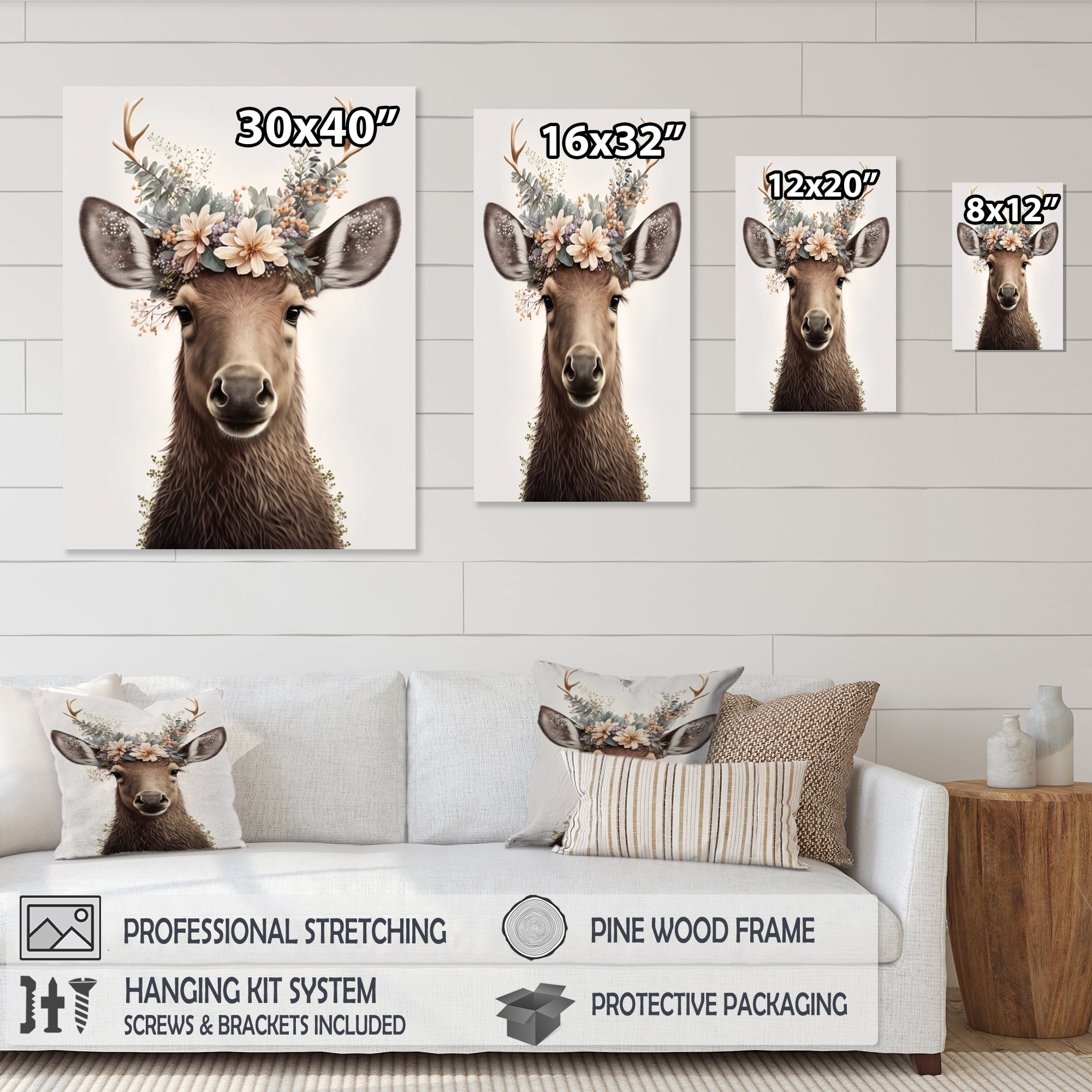 Designart Cute Baby Moose With Floral Crown Canvas Wall Art