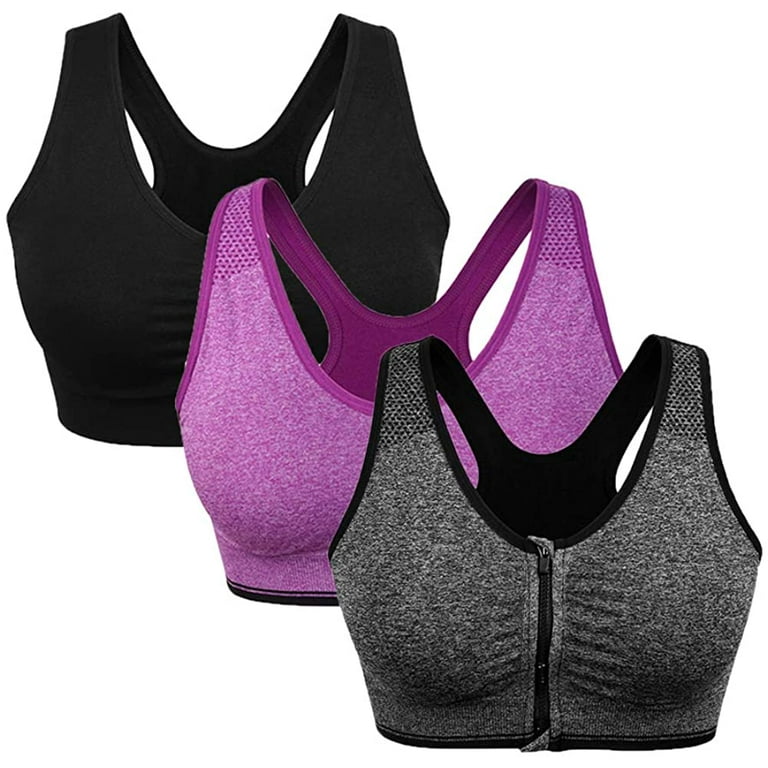 Women's Zip Front Sports Bra Wireless Post-Surgery Bra Active Yoga Sports  Bras, 3 Pack(black+grey+flesh), XX-Large