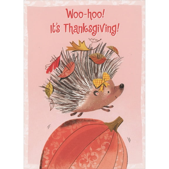 Designer Greetings Woo-Hoo: Porcupine with Yellow Bow and Leaves on Quills Juvenile Thanksgiving Card for Girl