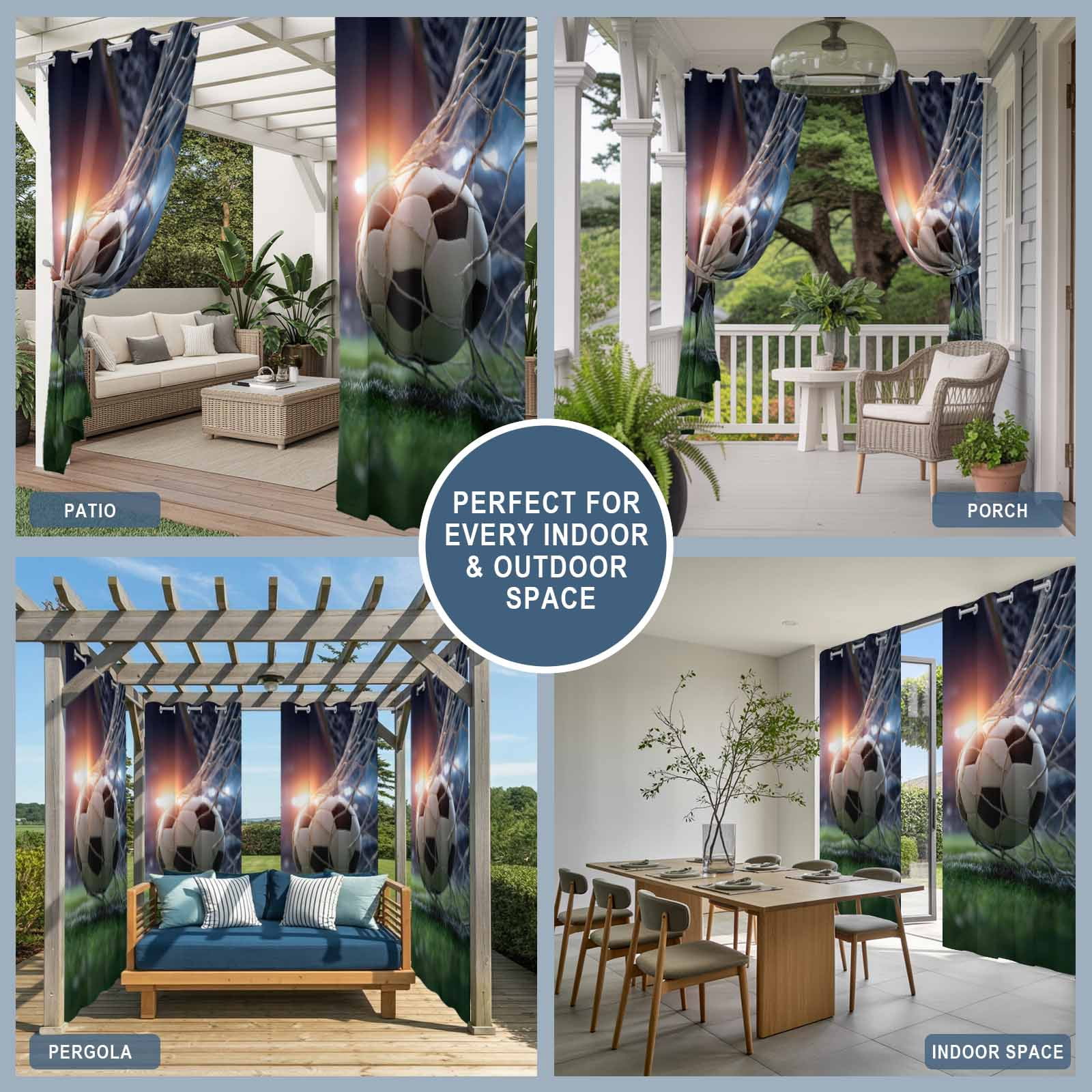 Football Match Outdoor Curtains for Patio, Evening Match Dramatic Realistic Soccer Sport Green Grass Sunshade Privacy Drapes Grommet Waterproof Outside Curtains for Porch Balcony 54"x108", 1 Panel