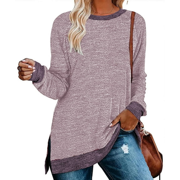 Womens Crewneck Pullovers Crewneck Long Sleeve Loose Fit Tops Color Block Ribbed Side Split Tunic Tops Casual Blouses Loose Fit Sweaters