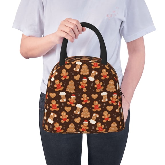 Ratiio Christmas Gingerbread Cookies Print Insulated Lunch Bag Women Reusable Lunch Box with Pocket for Work Picnic Travel