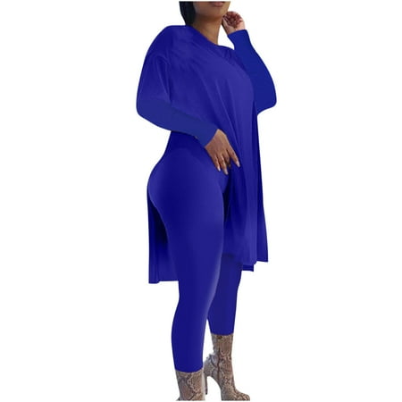 

Womens Casual Solid 2 Piece Outfits Long Sleeve Loose Oversized Split Long Tops Skinny Long Pants Lounge Pajamas Sets