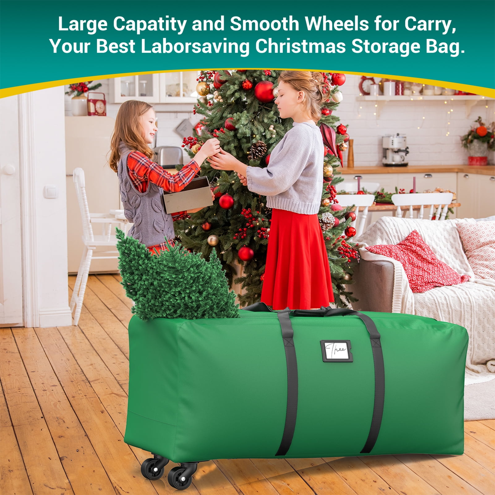 Christmas Tree Storage Bag, Heavy-Duty 600D Oxford Cloth Fits Up to 9FT Xmax Christmas Tree Storage Box with Rolling Wheels, Dark Green