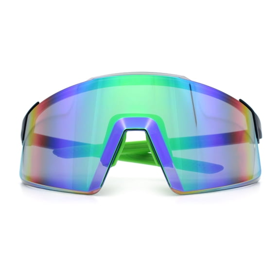 Mens Color Mirror Oversized Shield Sport MTB Style Plastic Sunglasses Black Green - Green Mirror