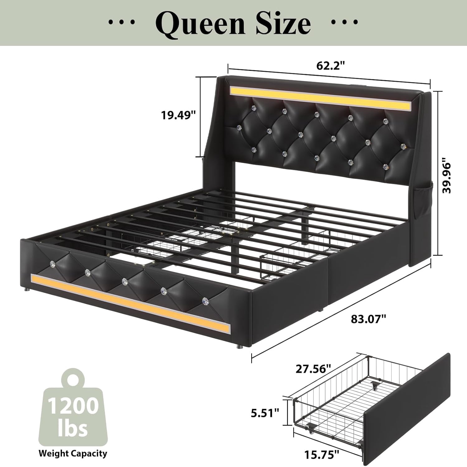 Gewnee Queen Size Bed Frame with Storage Drawers & Charging Station,PU Upholstered Platform Bed with Button Wingback Headboard and Side Pocket,LED Bed Frame,No Box Spring Needed.Black