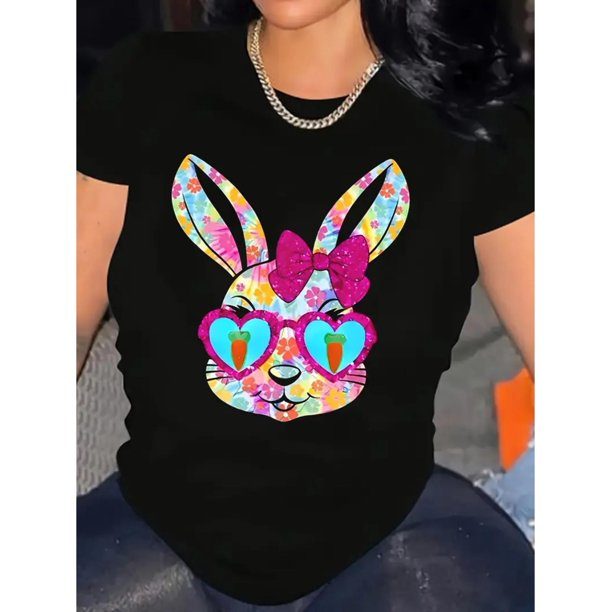 Women's Easter Bunny Graphic T-Shirt - 100% Cotton, Comfortable Round Neck, Short Sleeve Top with Vibrant Floral Rabbit Design, Ideal for Spring & Summer Casual Wear Tee For Adult, Men, Women, Teen,