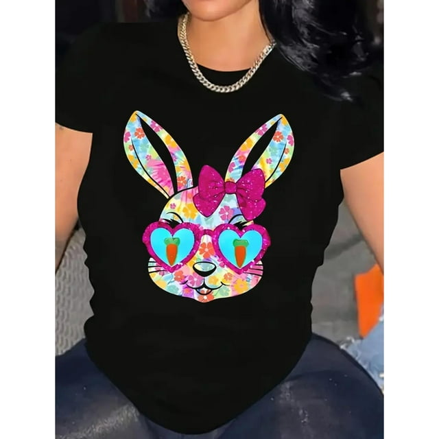 Women's Easter Bunny Graphic T-Shirt - 100% Cotton, Comfortable Round Neck, Short Sleeve Top with Vibrant Floral Rabbit Design, Ideal for Spring & Summer Casual Wear Tee For Adult, Men, Women, Teen,