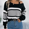 thumbnail image 6 of WREESH Fashion Pullover Off Shoulder Sweater Women's Casual Contrast Striped Lantern Sleeves Off Shoulder Pullover Sweater Top Sweater Gray, 6 of 7