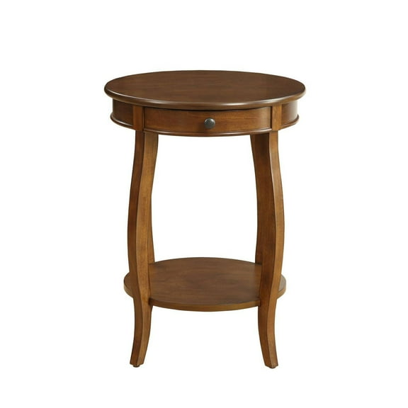 Round Walnut Accent Table with Drawer & Open Shelf - 18"W x 24"H Small Wood Side Table for Living Room, Bedroom, Entryway - Compact, Transitional Style