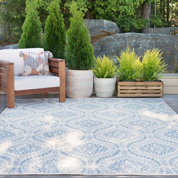 5x8 Water Resistant, Indoor Outdoor Rugs for Patios, Front Door Entry, Entryway, Deck, Porch, Balcony | Outside Area Rug for Patio | Cream, Damask | Size: 5'3'' x 7'3''