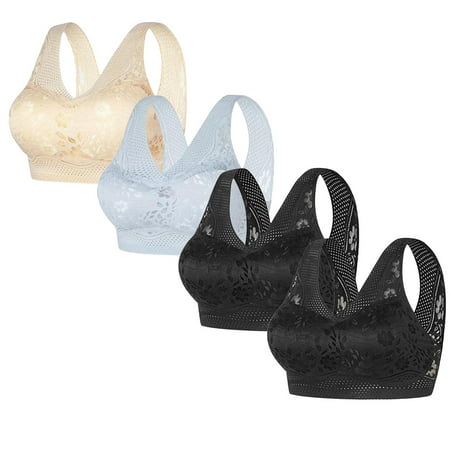 REORIAFEE No Wire Bras for Women 4PC Gathered Together Wirefree Bras Floral Brassiere Breathable Wide Strap Comfy Corset Underwear Classic Comfortable Support Lingerie Blue L
