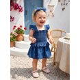 thumbnail image 3 of RUINIXCW Newborn Baby Girl Denim Dress Western Cowgirl Outfit Cute Infant Baby Girls Summer Clothes Fly Sleeve Smocked Jeans Romper Dress Jumpsuit Playsuit Headband, 3 of 7