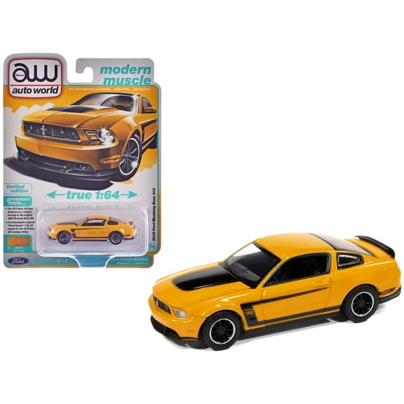 2012 Ford Mustang Boss 302 Yellow Blaze with Black Accents "Modern Muscle" 1/64 Diecast Model Cars by Auto World
