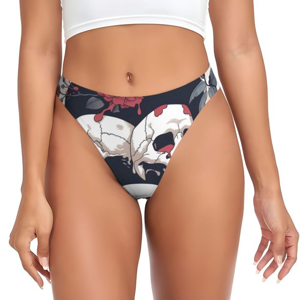 Balery Gothic Skulls And Roses Tangas de Algodón para Mujer con Estampado – Ropa Interior Sexy, Transpirable, G-string-Medium