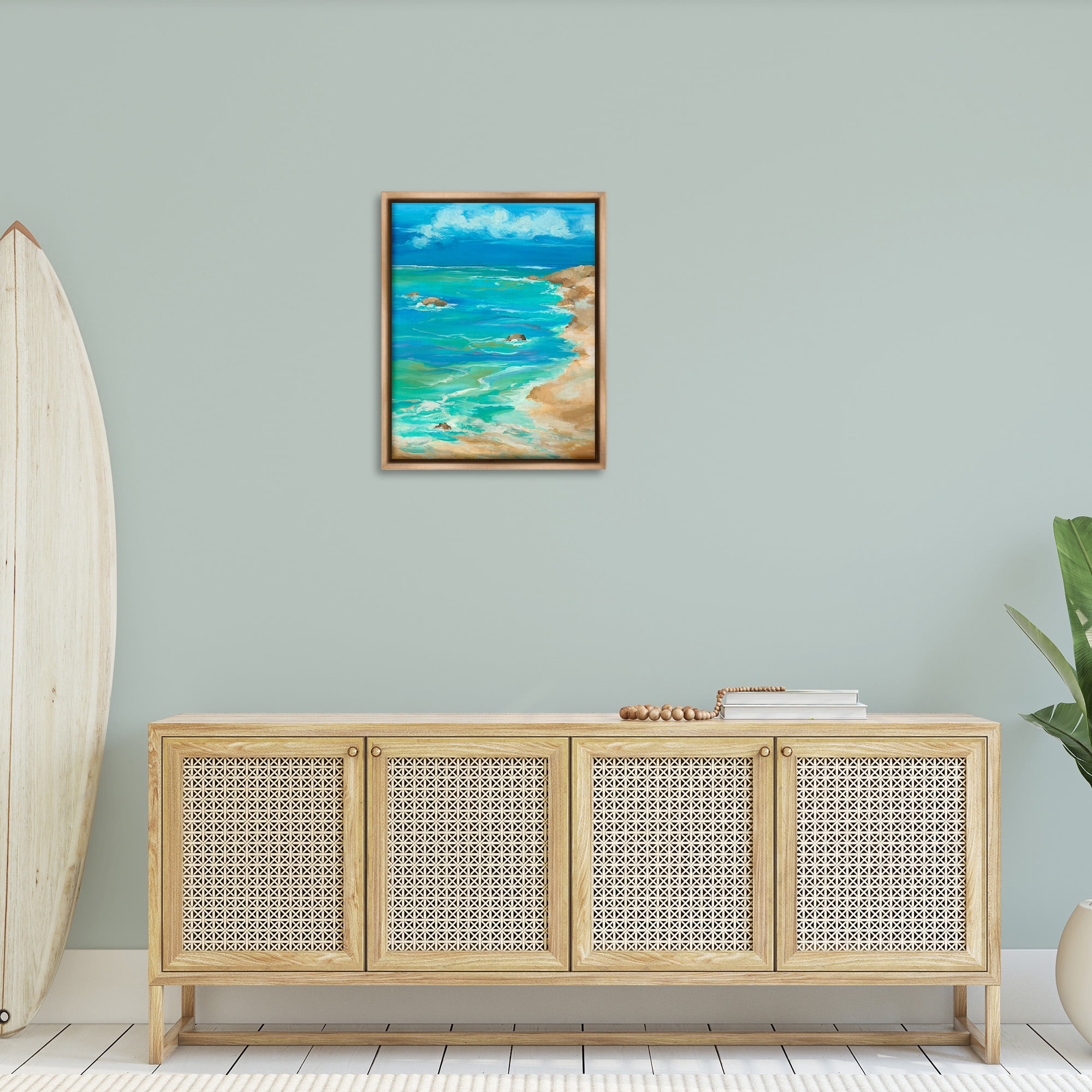Stupell Industries Vivid Rocky Beach Cove Landscape Painting Brown Floater Framed Canvas Art Print Wall Art, 25 x 31