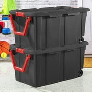40 Gallon Wheeled Industrial Tote Plastic Storage Tote, Black, Set of 2