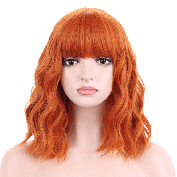BERON Orange Wigs Short Curly Bob Wig with Bangs Wavy Hair Wigs 14 Inches Women's Synthetic Wigs Daily Party Use