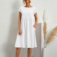 thumbnail image 1 of JUNWELL Robes d'Été pour Vacances Longueur Genou Amples Décontractées Robe Blanche Poche Coton Lin Col Rond Jupe Ligne A Grande Taille платье женское, 1 of 7
