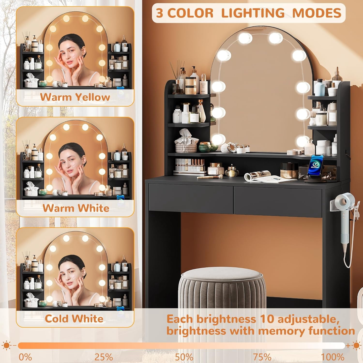 Pipleo  32" Lighted Mirror Vanity Desk with Power Outlet, Small Makeup Table with 2 Drawers & 6 Shelves, Black Vanity for Bedroom, Small Spaces, Easy Assembly