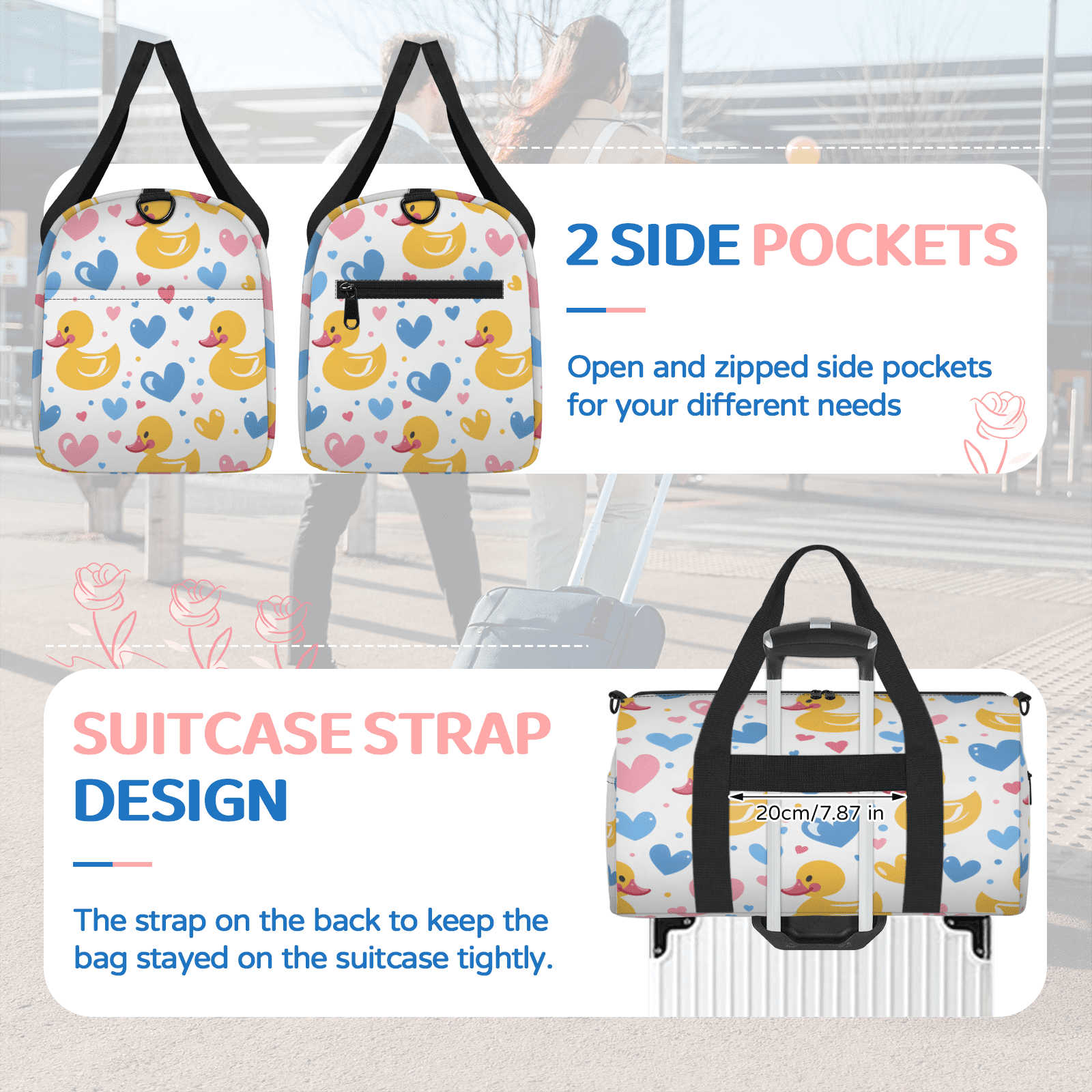 Herdesigns Rubber Duck Gym Bag for Women, Duffle Bag for Travel Sport, Cute Love Lightweight Waterproof Carry on Weekender Dance Yoga Workout Bags