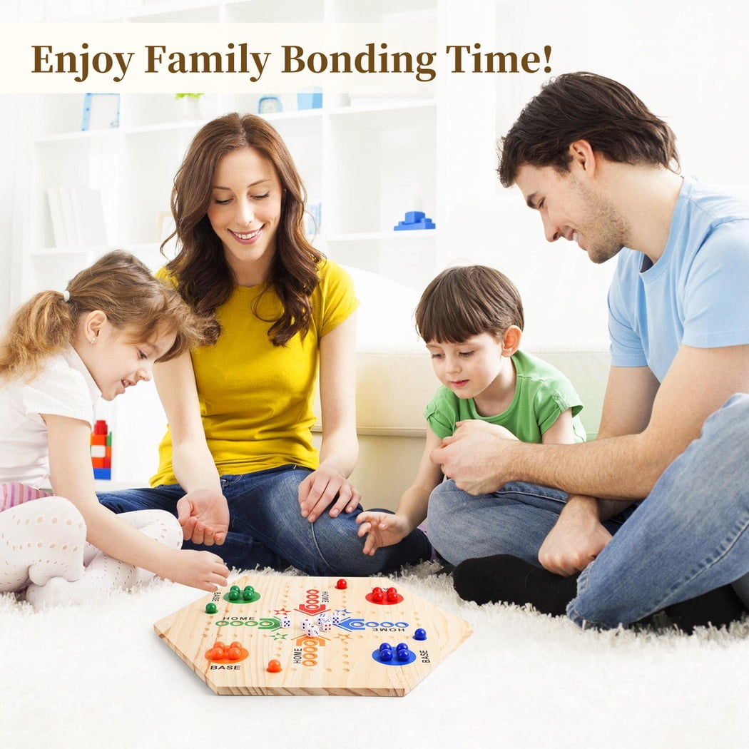 Marble Board Game, Double-Sided Wooden Board Game, Colorful Wahoo Marble Ludo Game Kit for 2-6 players