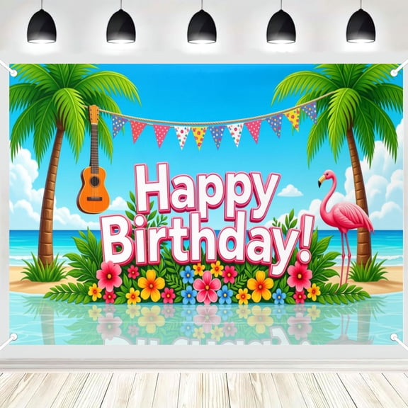 Tropical Beach Flamingo Happy Birthday Backdrop, Palm Tree Polyester Banner for Summer Theme Birthday Party Photo Decoration 5x3ft