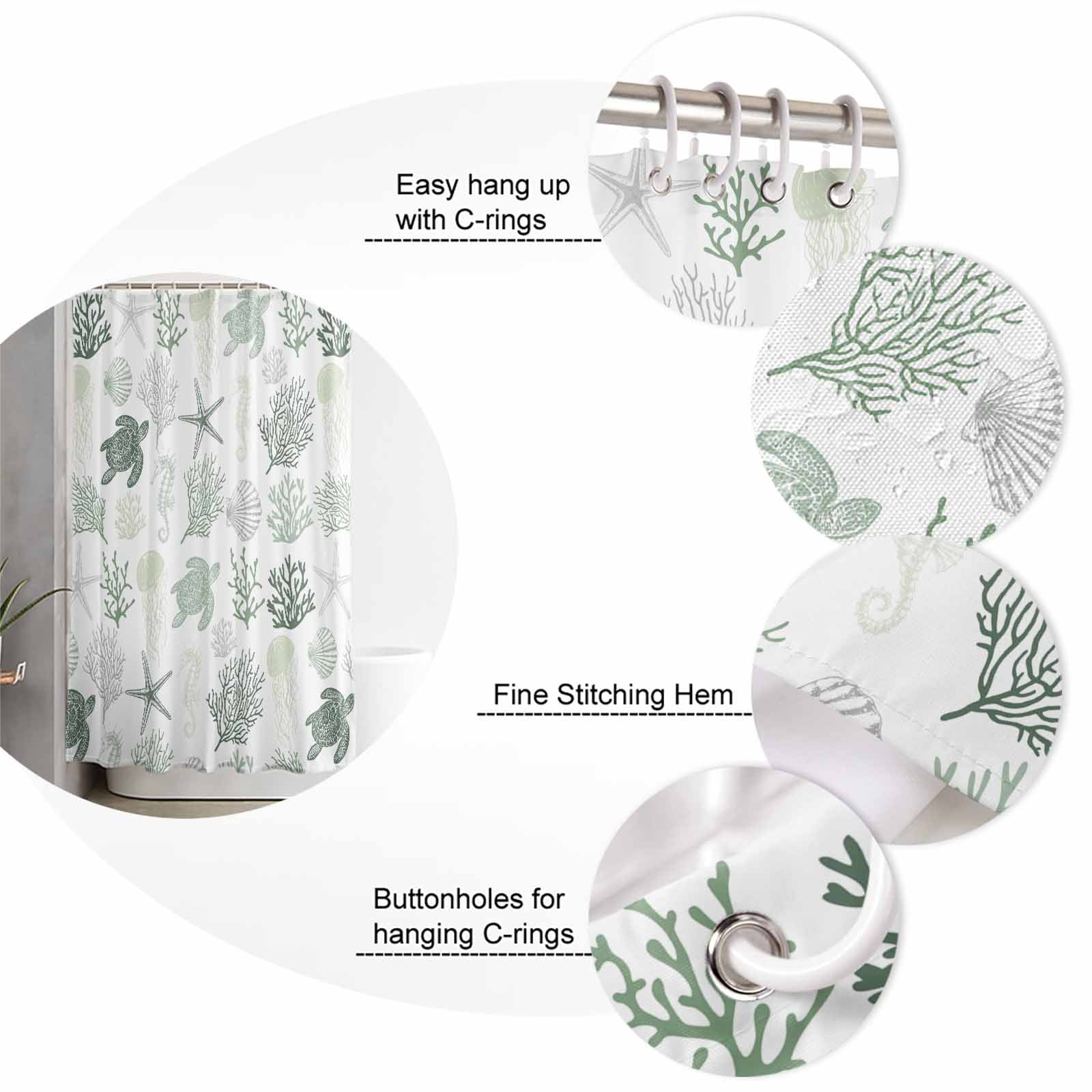 Sage Green Coastal Waterproof Fabric Shower Curtain, Nautical Summer Beach Coral Sea Turtle Shower Curtain for Bathroom Curtains Bathtubs Hotel Washable Shower Curtains with 12 Hooks Standard 60x72